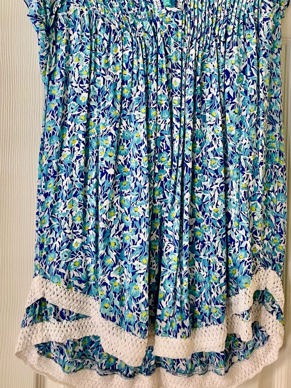 Poupette St Barth Blue Floral Pleated Tunic Cover Up Crochet Trim - Picture 7 of 7